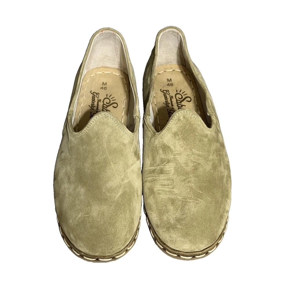 Sabah Men's Size 46 Khaki Handmade Turkish Leather Slip On Loafer Shoes